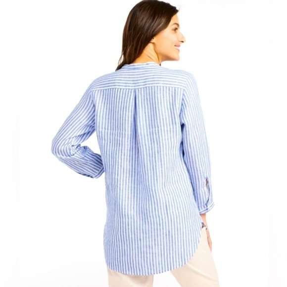 LL BEAN Women's 100% Linen Blue Striped Split-neck Long Sleeve Popover Tunic M - Picture 3 of 10